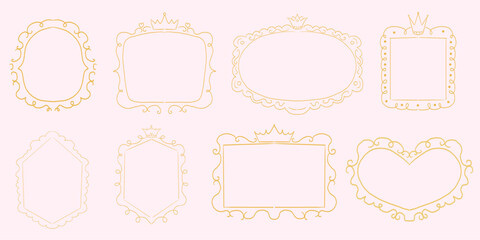 Princess cute pink frame sketch with crown swirl decorations. Simple doodle hand drawn border. Whimsical elegant vintage.