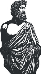 Black and white illustration of an ancient Greek statue of a bearded male figure draped in toga, representing classical mythology and art.