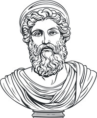 Black and white line art illustration of an ancient classical bust sculpture featuring a bearded man with draped clothing and headgear