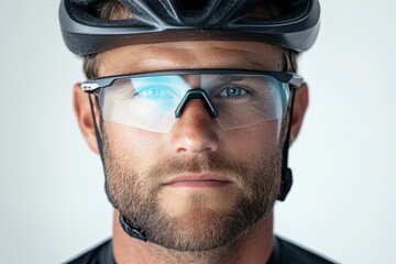 Fototapeta premium Focused cyclist preparing for a race in a cycling outfit with helmet and sunglasses indoors