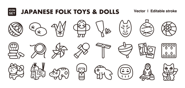 Japanese folk toys and traditional dolls line icon set. Vector editable stroke icon.