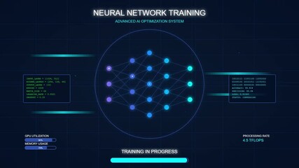 Sci-fi interface showing AI learning. Abstract neural core, glowing data streams, network nodes, status updates. Futuristic technology animation. - Powered by Adobe