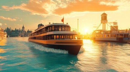 Obraz premium Ferry boat on water with city buildings in the background at sunset.