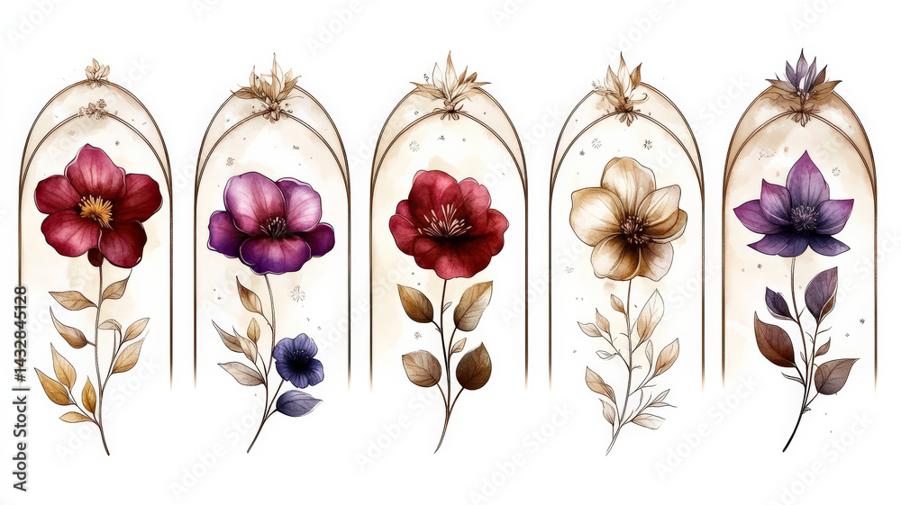 Poster five elegant floral logos each featuring different flower are arranged in arched design. flowers var