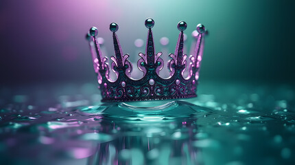 Fantasy crown levitating over reflective floor with neon green and royal violet glow, low perspective

