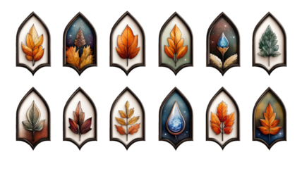 Twelve unique logos each featuring different flower or leaf design, showcasing vibrant autumn colors and intricate details. designs are set against varied backgrounds, adding depth and contrast