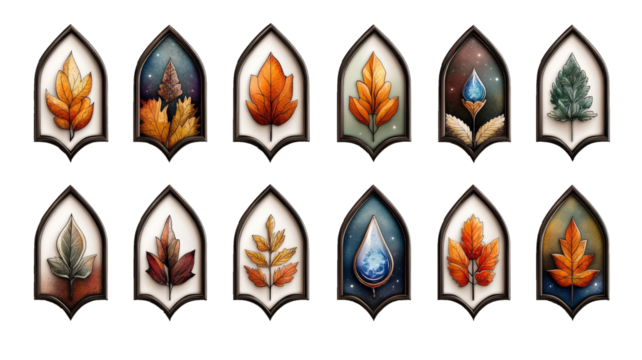 Twelve unique logos each featuring different flower or leaf design, showcasing vibrant autumn colors and intricate details. designs are set against varied backgrounds, adding depth and contrast