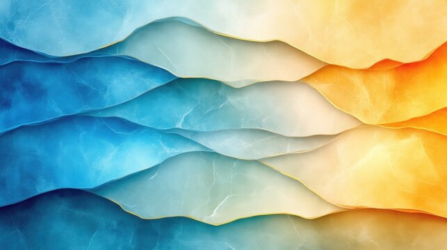 Abstract watercolor landscape illustration featuring layered waves in a gradient transition from deep blue to warm orange.