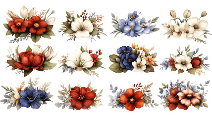 collection of 12 elegant floral logos featuring various flowers in red, white, and blue hues, each adorned with delicate leaves and subtle accents, creating harmonious design