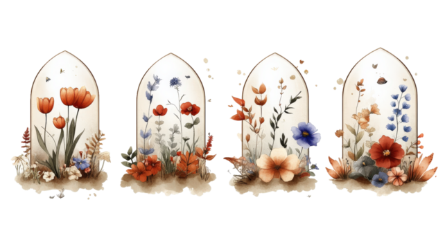 collection of four elegant floral designs featuring tulips, poppies, and wildflowers in arched frames, showcasing harmonious blend of colors and nature inspired beauty