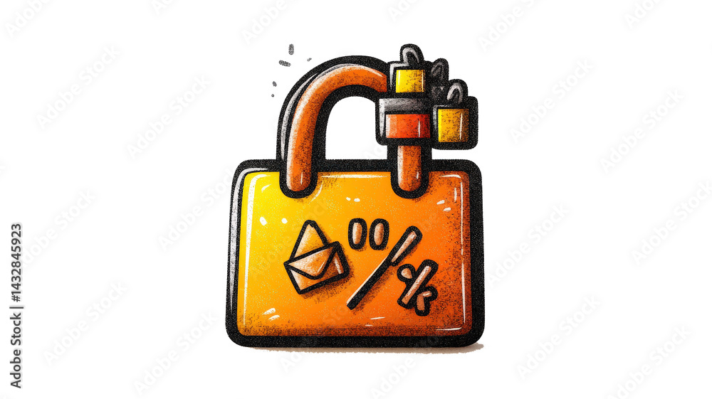 Poster vibrant illustration of padlock with percentage symbol and envelope, symbolizing secure communication and data protection. lock is colored in shades of orange and yellow