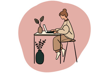 Cozy Remote Work Illustration – Woman Working from Home on Laptop.