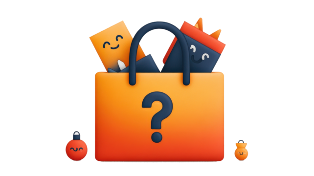 vibrant illustration of shopping bag filled with cheerful, colorful items, including question mark symbol, conveying sense of mystery and surprise