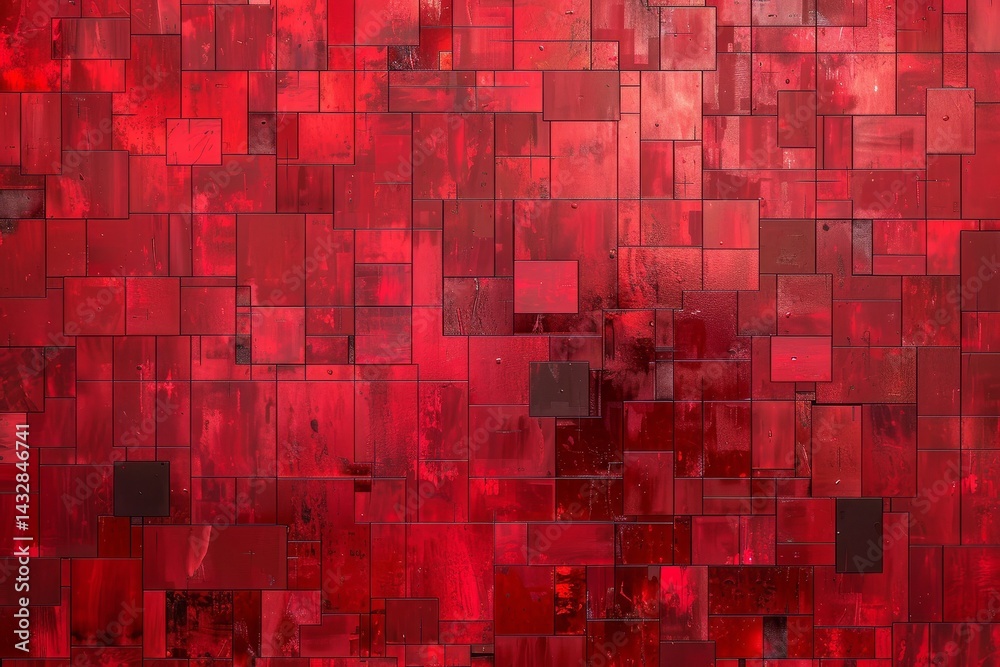 Poster red pixelated patterns form a mosaic-like design on a wall, red pixelated patterns forming a mosaic-