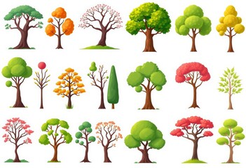 Collection of stylized flat vector tree icons, isolated on white background, ample empty space, simple, abstract