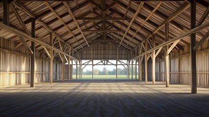 Naklejka premium Interior of a wooden house with a roof made of wooden beams