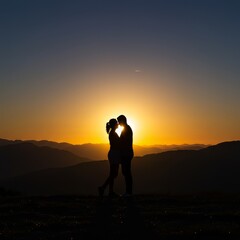 Silhouette Couple Kissing at Sunset in Mountains with Warm Light