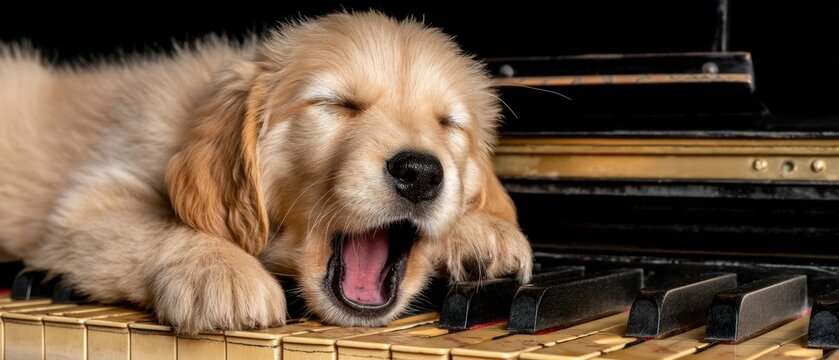 Charming golden retriever puppy yawning while resting on vintage piano keys in a black background with a soft light capturing a musical mood