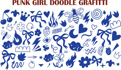 Punk girl doodle grafitti. Bow girly tattoo. Cute hand drawn heart, cherry, bow. Rock star vintage grunge vector. Punk tattoo icon set. Sketch scribble shape. Chalk ribbon flower kiss. 