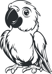 Black and white cartoon illustration of a cute parrot bird with detailed feathers and big eyes