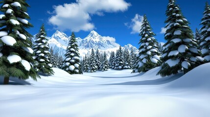 Snow Covered Mountain Range and Evergreen Trees Winter Landscape