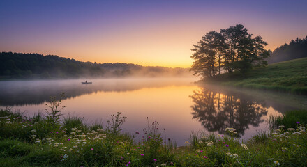 Fototapeta premium Tranquil Sunrise Over Misty Lake with Wildflowers and Boat