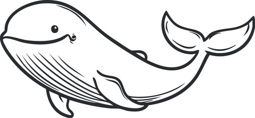 Black and white cartoon illustration of a smiling whale swimming in the ocean with detailed tail and fins