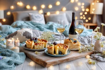 Naklejka premium Cozy bedroom scene with pastries, wine, and decorative elements.
