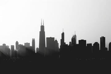 A black and white silhouette of the Chicago skyline at dawn, showcasing the citys iconic skyscrapers, Highlight the dynamic skyline of Chicago, with varying heights and shapes © Iftikhar alam