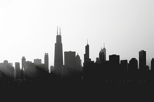 Fototapeta A black and white silhouette of the Chicago skyline at dawn, showcasing the citys iconic skyscrapers, Highlight the dynamic skyline of Chicago, with varying heights and shapes