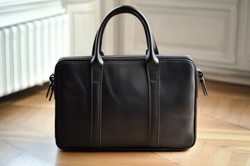 Stylish, dark brown leather briefcase rests on light-colored hardwood floor.