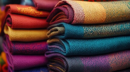 A colorful stack of folded fabrics with various patterns.