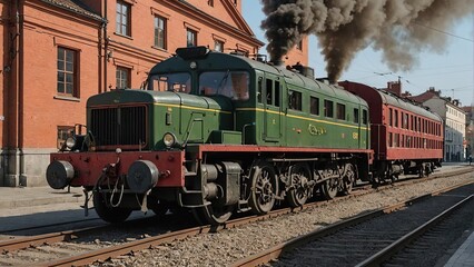 Fototapeta premium Historic Steam Train Countryside Journey, Railway Heritage Green Locomotive Illustration