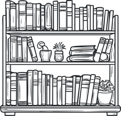 Black and white line art illustration of a bookshelf filled with books and potted plants on wooden shelves