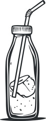 Black and white illustration of a bottle with ice cubes and a straw for a cold drink or beverage