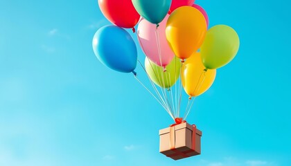 Naklejka premium Colorful helium balloons and a gift box ascend against a pastel blue sky, gift, illustration stock
