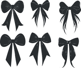 Set of six black vintage decorative bows and ribbons in various elegant styles for design and decoration
