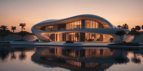 Stunning futuristic house with flowing design features illuminated at dusk, reflected in tranquil water, highlighting architectural innovation and luxury living. Copy space