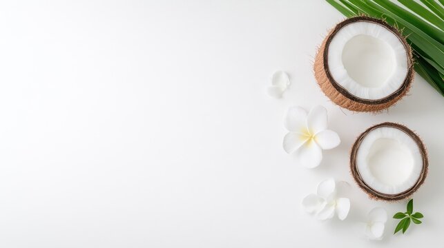 Halved fresh coconuts with white plumeria flowers and green palm leaves on a white background with copy space.