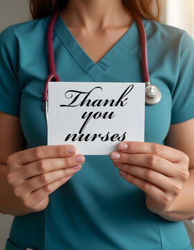 Female medical professional wearing teal scrubs and a stethoscope holds a "Thank you nurses" card in her hands. Focus on the message of gratitude. Warm, slightly blurred background