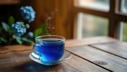 Vibrant Blue Tea, Wooden Table, Flowers