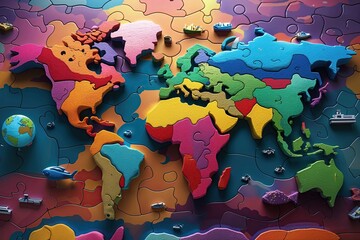 Vibrant 3D Puzzle of Earth's Continents Showcasing Global Cultures and Awareness