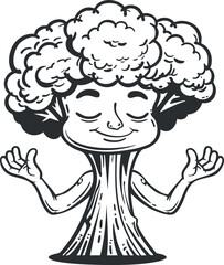 Black and white cartoon illustration of a broccoli character meditating peacefully with closed eyes and relaxed expression.