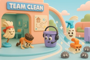 3D cartoon cleaning team training with mop, scrub brush, spray bottle and headset bucket in a pastel control center labeled Team Clean with plan board and sparkling effects