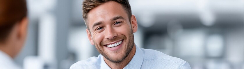Obraz premium A male visitor politely inquires at a reception desk - request professional clerk
