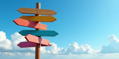 Colorful signpost with various destinations on sky background, direction, adventure