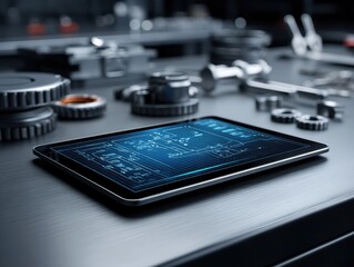 A clean, well-lit shot of a tablet displaying a car's electrical system schematic on a workbench next to car parts - wiring work concept precision in progress