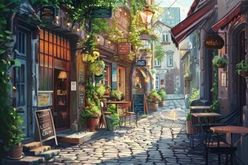 Fototapeta premium A narrow alleyway lined with charming shops and cafes, bathed in warm sunlight, Draw a cozy, cobblestone alleyway lined with quaint shops and cafes
