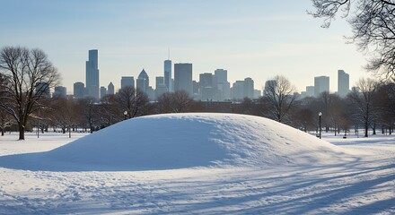 Obraz premium Snowy park hill with city view