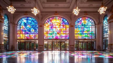 Celestial Stained Glass Window In Grand Hall Interior